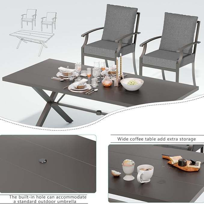 7 Piece Outdoor Dining Set for 6, Metal Patio Table and Chairs with Cushions, Patio Furniture Set with 6 Stackable Chairs, Rectangular Patio Dining Table with Umbrella Hole, Lawn Deck, Yard-Grey