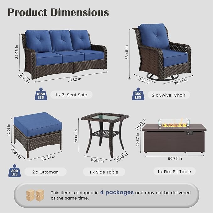 Sundale Outdoor Wicker Patio Furniture Set with Fire Pit, 7 Piece Outdoor Furniture Set with Swivel Chairs, Couch & Ottoman, High Back Patio Conversation Sets with 6" Cushions for Yard, Deck (Blue)