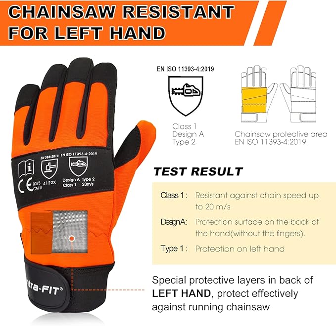 Chainsaw Gloves Saw Protection on Left Hand Back, EN ISO 11393-4, Cut-resistance Gloves Cow leather Palm