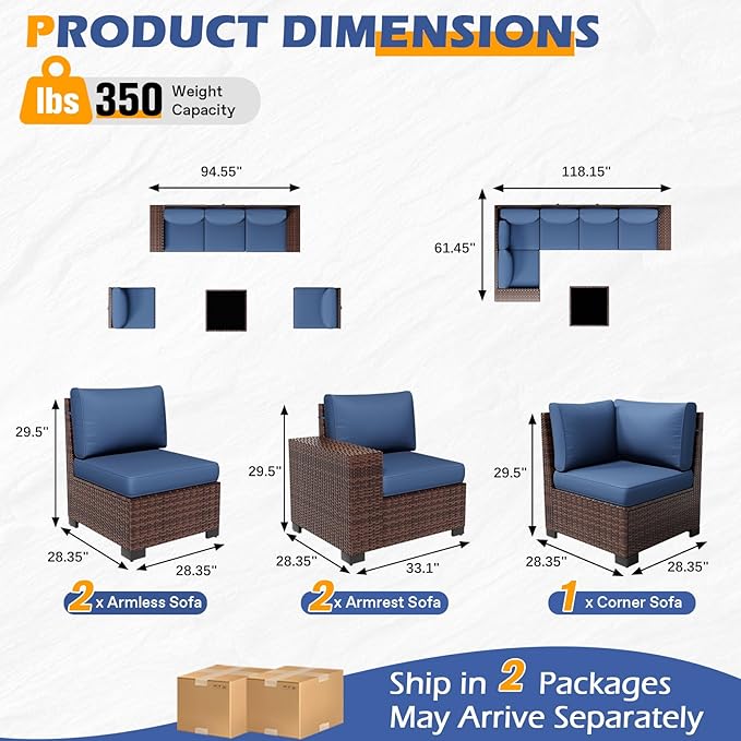 6 Pieces Outdoor Patio Furniture Set with Table Brown Rattan Sectional Sofa Conversation Sets for Balcony Lawn and Garden (Navy Blue, 6 pcs w/Table)