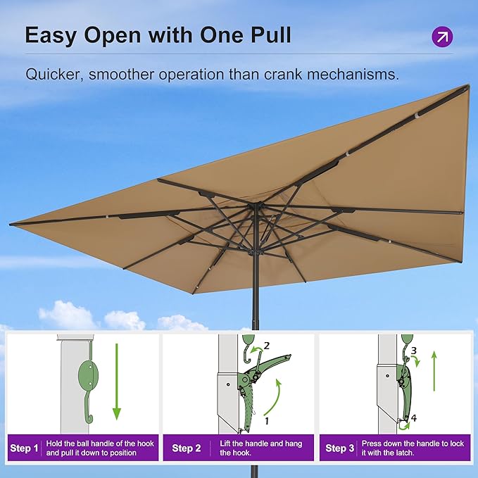 PURPLE LEAF 16' x 13' Rectangular Semi-Auto Outdoor Patio Umbrella Aluminium Market Umbrella Table Sun Umbrella with 3.15" Rod and 8 Sturdy Ribs for Deck Lawn Pool Garden, Beige