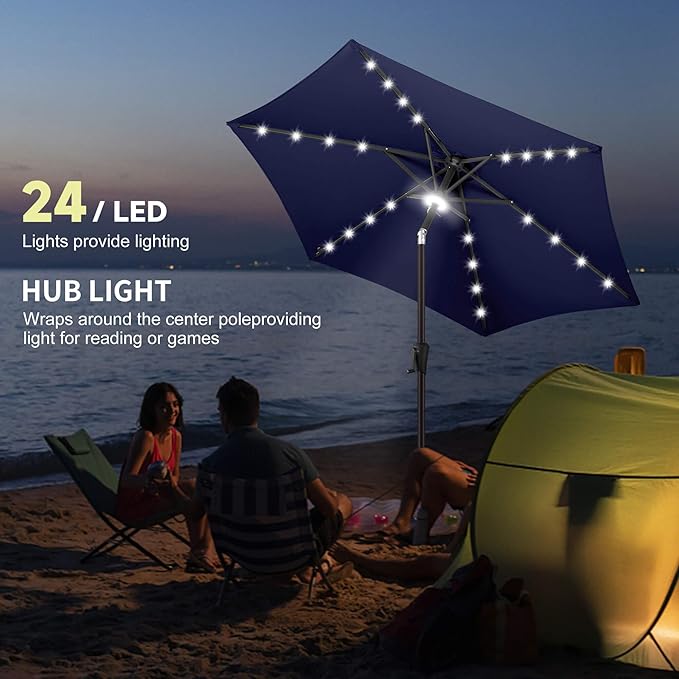 7.5ft Solar Umbrella Outdoor - Lighted Solar Patio Umbrella with 24 LED Lights Waterproof UV Protection, Table Umbrella with Tilt for Pool, Porch, Garden, Deck, Backyard (Navy Blue)