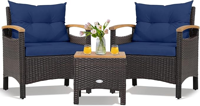 KOTEK 3 Piece Patio Furniture Set, Outdoor Conversation Set with Removable Cushions, Acacia Wood Tabletop and Armrests, PE Rattan Wicker Bistro Set for Porch, Balcony, Backyard (Navy)