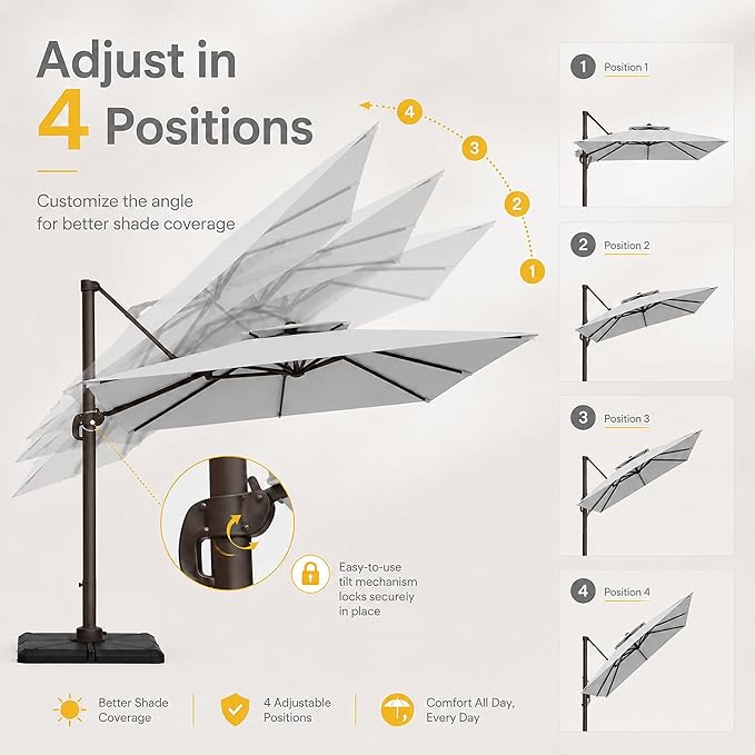 10FT Cantilever Patio Umbrella with Solar Lights, Large Outdoor 2 Tier Aluminum Offset Square Umbrellas 360 Degree Rotation for Garden Deck Pool