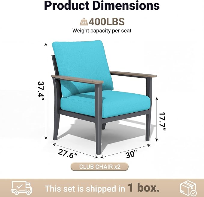 Aluminum Patio Chairs Set of 2, Modern Outdoor Armchairs with Wood-Like Armrests & 5.1" Thick Cushions, Wide Seat Balcony Furniture for Porch, Deck, Blue