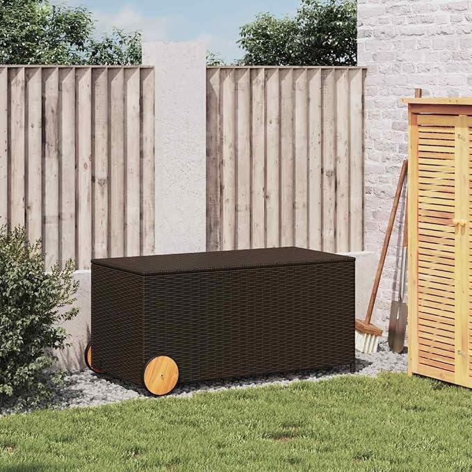 Brown PE Rattan Garden Storage Box with Rolling Wheels, 50 Gallon Medium Outdoor Storage for Cushions and Pillows, Modern Design