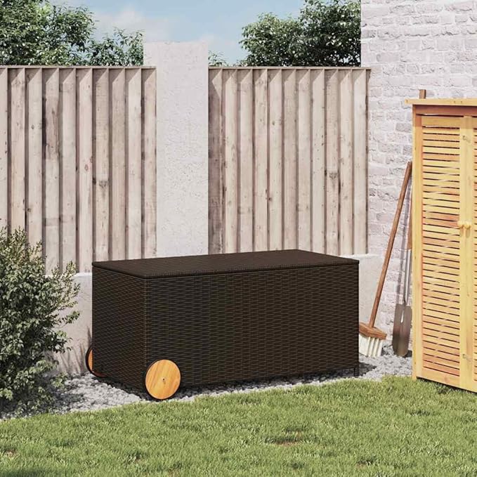 50 Gallon Garden Storage Box with Wheels, Outdoor Patio Deck Container for Cushions and Pillows, Durable Brown PE Rattan and Steel Frame