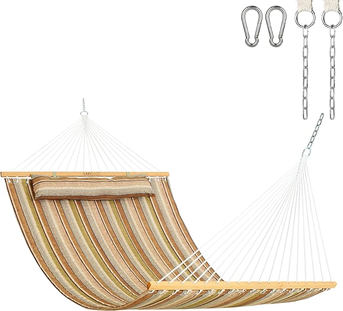Lazy Daze Hammocks 12 FT Quilted Fabric Double Hammock with Spreader Bars and Detachable Pillow, 450lbs Weight Capacity, Brown Stripe