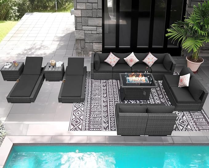 NICESOUL 13 Piece Outdoor Sectional w/Fire Pit Table, Luxury Modular Patio Furniture Set w/Chaise Lounge, Plus 29.3'' High-Back Seating Sofa, All-Weather Deck Couch for Poolside, Yard, Dark Grey