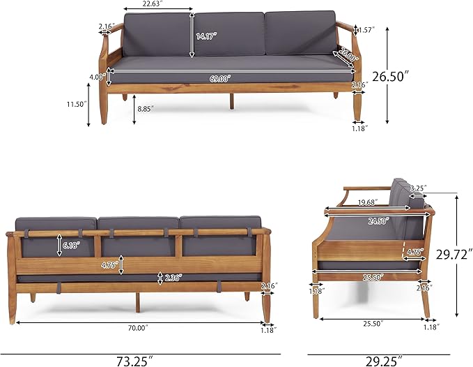 Christopher Knight Home Aston Outdoor 3 Seater Sofa Chat Set with Ottoman - Acacia Wood - Teak/Dark Gray