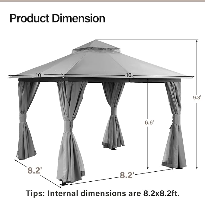 LAUSAINT HOME 10'x10' Outdoor Gazebo, Metal Frame Heavy Duty Patio Canopy Tent Shelter with Double Roofs, Mosquito Nettings and Privacy Screens for Backyard, Garden, Lawn, Gray