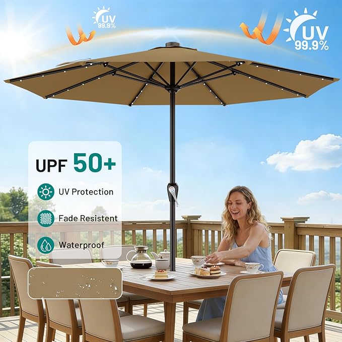 AreShark 12FT Large Patio Umbrella with Solar Lights, Solar Powered Outdoor Umbrella with Crank, Patio Table Market Umbrellas for Garden, Deck, Backyard, Pool and Beach, Khaki