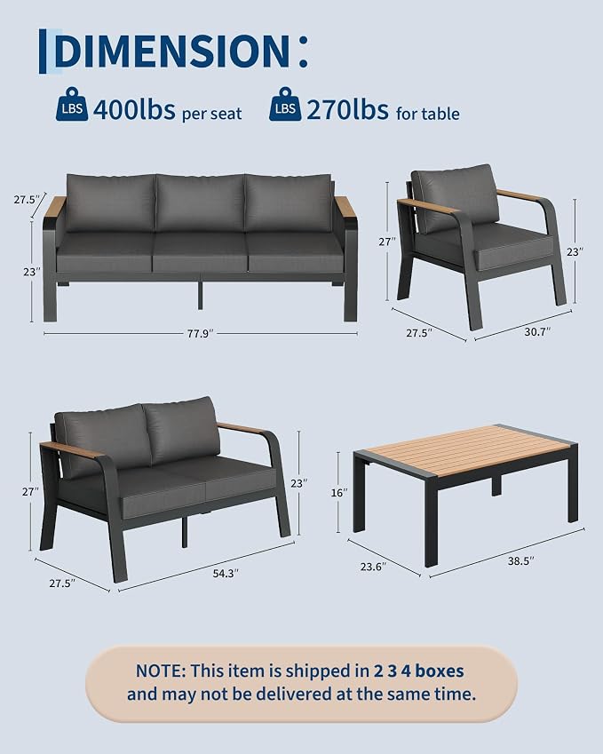 Garvee Aluminum Outdoor Patio Furniture Set with Coffee Table 5 Seats Patio Conversation Set Washable Thick Cushions All-Weather Metal Outdoor Furniture Sets for Poolside Balcony Deck, Gray