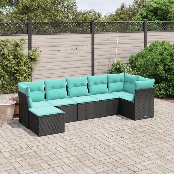 7 Piece Patio Sofa Set with Cushions, Garden Lounge Set Outdoor Dining Sets Sectional Sofa Patio Conversation Set for Garden Piazza Negotiation Area Exhibition Black Poly Rattan