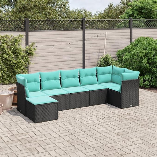 7 Piece Patio Sofa Set with Cushions, Garden Lounge Set Outdoor Dining Sets Sectional Sofa Patio Conversation Set for Garden Piazza Negotiation Area Exhibition Black Poly Rattan