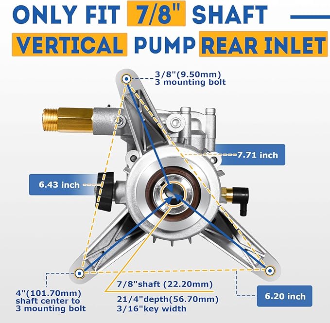 TOOLCY 7/8" Shaft Vertical Pressure Washer Pump - Rear Inlet/Outlet Max 3100 PSI @ 2.5 GPM OEM & Power Washer Pump for Gas Washer, Replacement for Simpson, Honda etc