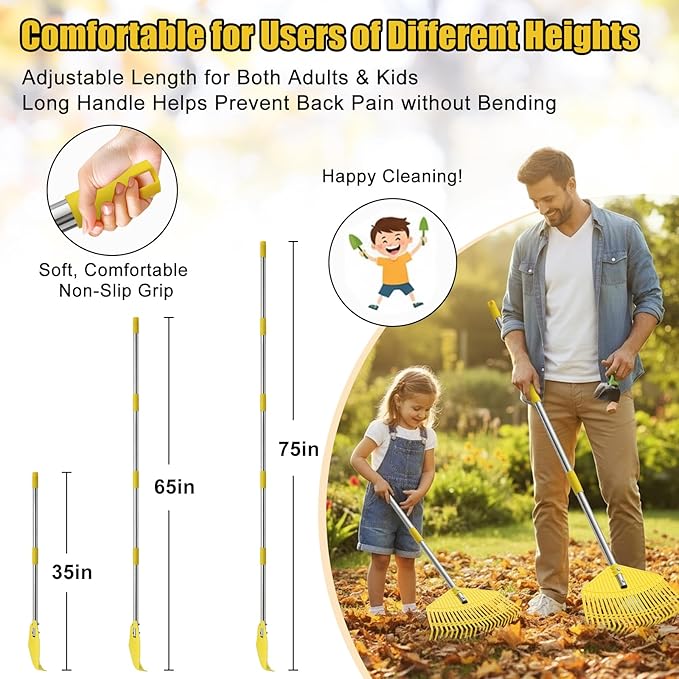 Plastic Leaf Rake for Lawns - Lightweight & Anti-Break Nylon Head, 16.5'' Wide Yard & Garden Rake for Leaves, Grass, Pine Needles, Adjustable Long Handle Easy Use for Women,Seniors,Kids