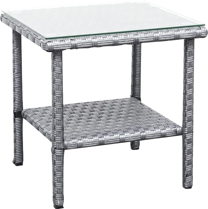 Outdoor PE Wicker Side Table - Patio Rattan Garden Coffee End Square Table with Glass Top-2-layer Table Furniture, Grey