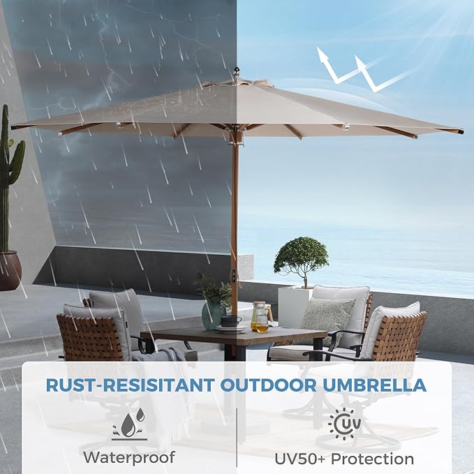 Grand patio 11 FT Sunbrella Patio Umbrella, Outdoor Umbrella with 8 Faux-Wood Grain Aluminum Ribs, Market Umbrella with Pulley Lift, Ventilation, Poolside, Deck, Backyard, Flax