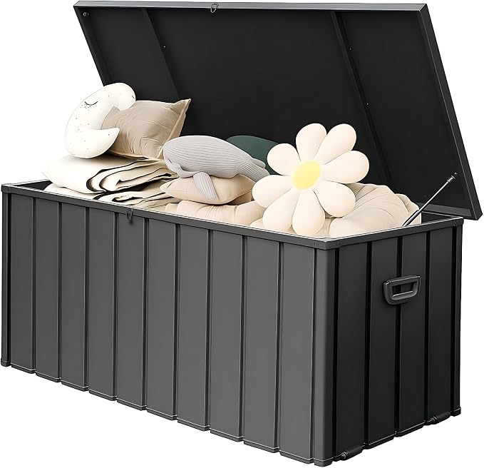 190 Gallon Metal Deck Box, Waterproof Galvanized Steel Outdoor Storage Cabinet, Lockable Storage Bench with Hydraulic Pistons, Rolling Wheels for Patio, Pool, Backyard