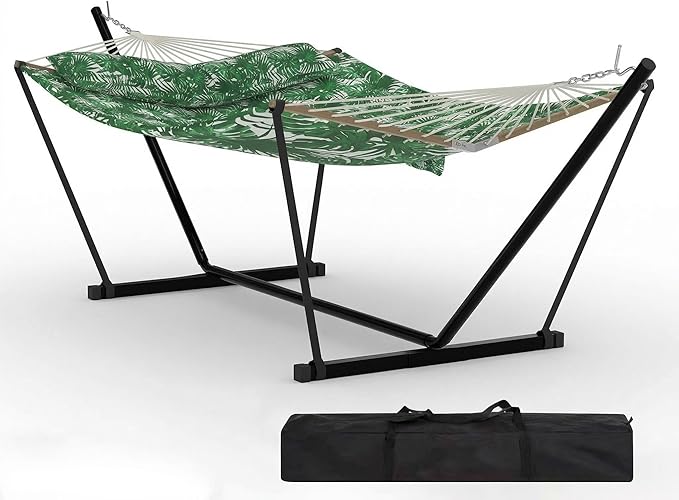Double Hammock with Stand for Outdoor Use – 2-Person Portable Hammock with Curved Spreader Bar & Balance Ropes, Heavy Duty 450 LBS Capacity for Backyard, Patio & Camping, Green