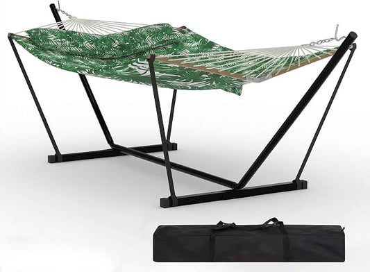 Double Hammock with Stand for Outdoor Use – 2-Person Portable Hammock with Curved Spreader Bar & Balance Ropes, Heavy Duty 450 LBS Capacity for Backyard, Patio & Camping, Green