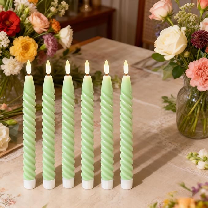 Flameless Taper Candles Real Wax Flickering with Remote Timer, Pastel Green 3D Wick LED Spiral Candles Battery Operated 6 Pack 9.8 inch, Wedding Birthday Home Party Holiday Dinner Decor