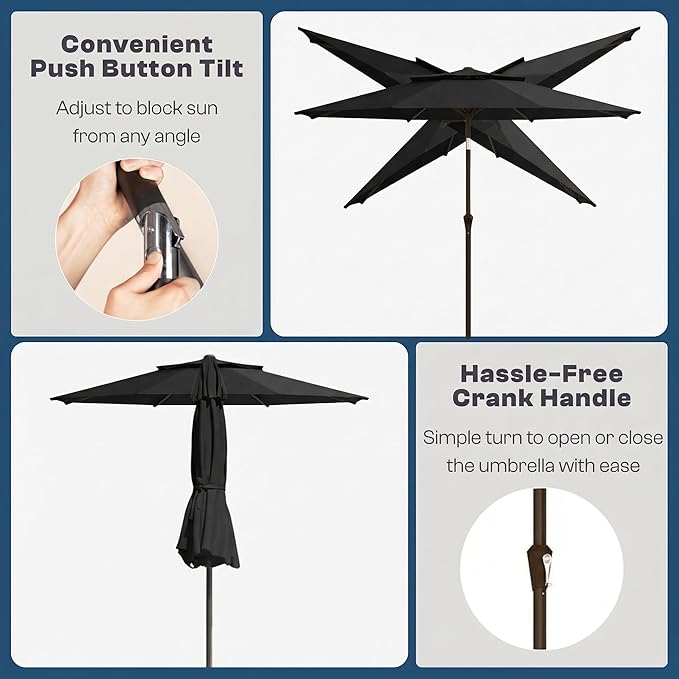 Outdoor Patio Umbrella, 2 Tiers Market Table Umbrella with 8 Sturdy Ribs, Push Button Tilt and Crank, UPF50+ UV Protection for Deck, Pool, Garden and Backyard