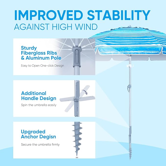Tempera Heavy Duty High Wind Beach Umbrella with Sand Anchor & Carry Bag | Patio Outdoor Umbrella with Aluminum Frame and Push Button Tilt, Ideal for Travel Garden Lawn, UPF 60+