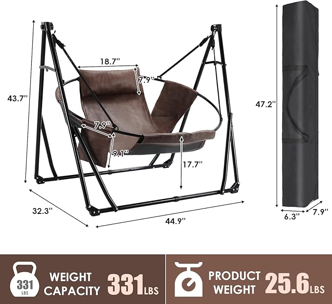 Arlopu 3 in 1 Portable Hammock with Steel Stand,Foldable PU Leather Swing Chair,6-Level Standing Hammocks Included Carrying Bag,Side Pocket,Pillow,for Outside,Indoor,Yard,Garden,Patio,Camping(Brown)