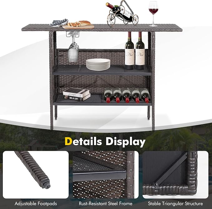 FANTASK Outdoor Wicker Bar, Paito Bar Table w/2 Storage Shelves, 2 Sets of Rails and Condole Cup Holders, Rattan Bar Counter Table for Backyard, Poolside, Garden