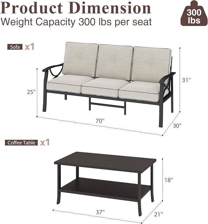 RoyalCraft Outdoor Patio Furniture Set, 2 Piece Patio Conversation Set, Metal Furniture Set with 3 seat Sofa for Porch Backyard, Black Metal Chair with Gray Cushions