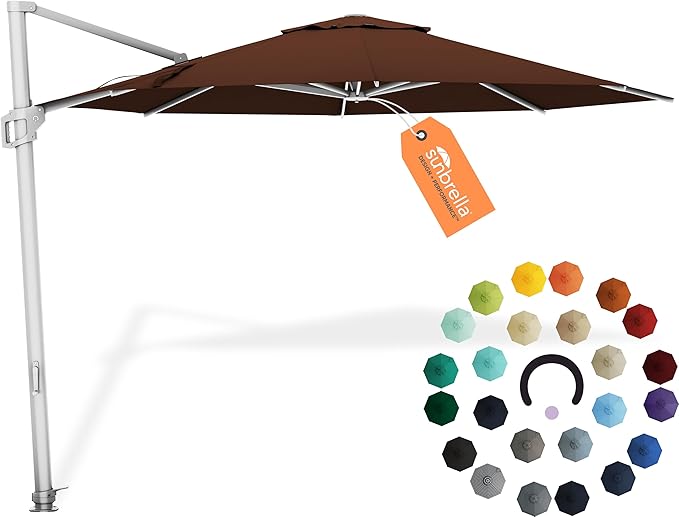 Midtown Umbrellas 10 Ft Outdoor Cantilever Patio Umbrella w/Sunbrella Bay Brown - Tilt 360° Rotate Offset Patio Umbrella, Deck Patio Umbrella, Backyard Umbrella & Garden Umbrella - Silver Frame