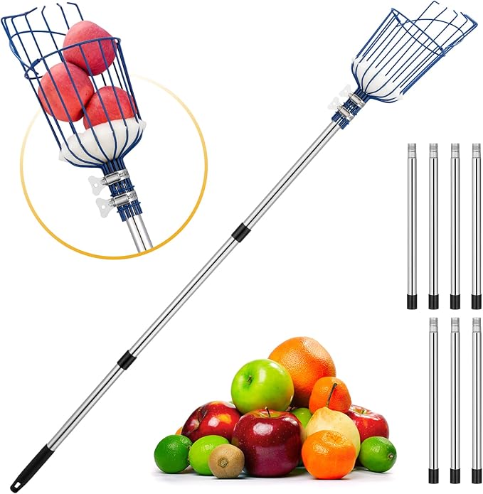 Oak Leaf Fruit Picker, 13 FT Picker Pole with Basket, Length Adjustable Apple Orange Picker Tool Tree Fruit Catcher with Lightweight Stainless Steel Connecting Pole, Foam Pad, 2 Metal Clamp(Upgraded)