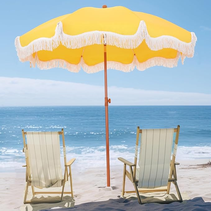 PHI VILLA 7ft Fringe Beach Umbrella with Sand Anchor, Outdoor Patio Portable Beach Umbrella for Sand with Tassels, Push Button Tilt & Carrying Bag, UPF 50+, Yellow
