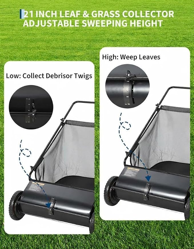 21in & 26in Heavy-Duty Push Lawn Sweeper - 4 Spinning Brushes, 3.5/7Cu. ft. Capacity, Adjustable Height for Grass, Leaves & Debris on All Terrains