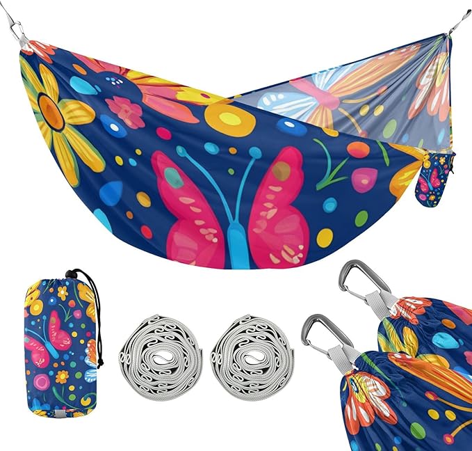 Cartoon Colorful Butterflies Flowers 330lb Capacity Outdoor Hammocks with Hanging Rope Hanging Hammock for Patio Backyard Lounge Base Base para poner hamaca
