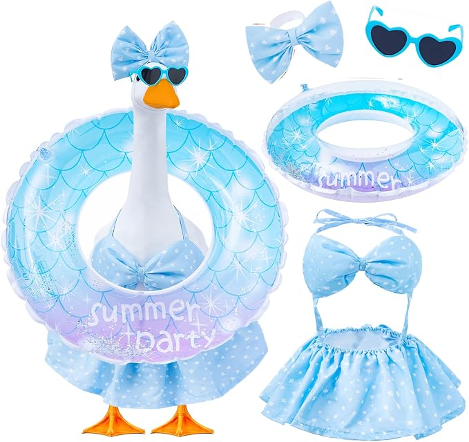 Bikini Porch Goose Outfits Fits 23" Goose Statue Summer Porch Goose Outfit with Sunglasses and Swim Ring Hawaiian Porch Goose Clothes Costume for Outdoor Garden Lawn Yard Decor(Blue Flower)