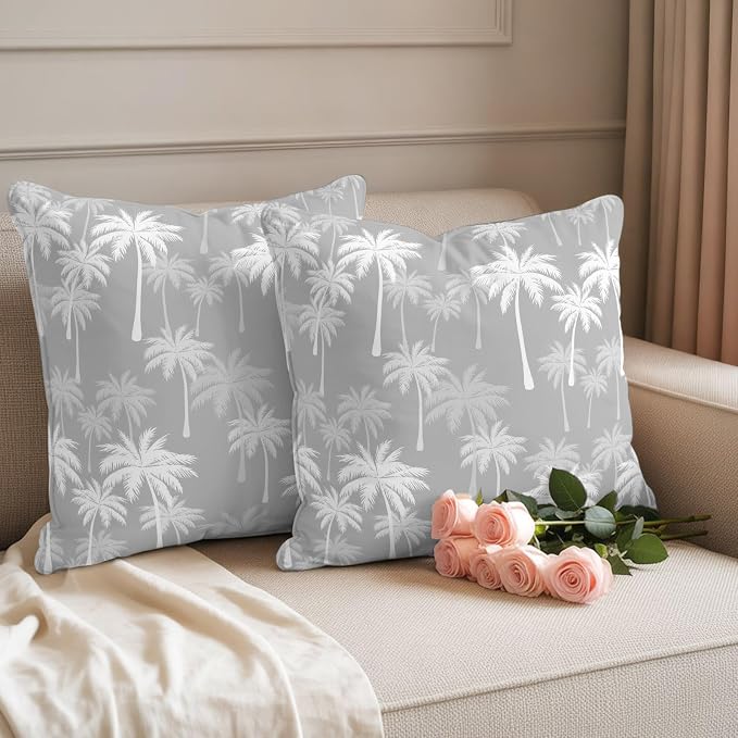 Throw Pillow Covers 20x20 Inch Set of 2, Tropical Palm Tree Waterproof Outdoor Pillow Covers, Gray White Plants Coastal Leaf Beach Decorative Cushion Pillowcases for Couch, Sofa, Bed, Garden, Patio