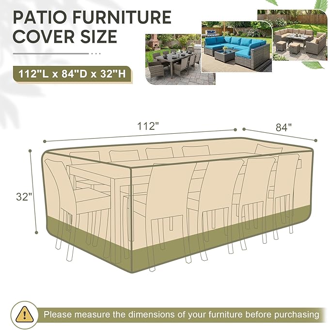 COWVIE Rectangular Outdoor Furniture Cover for Sectional Sofa Set, 600D Waterproof Patio Set Cover for Lawn General Purpose Table and Chairs, 112''L x 84''W x 32''H