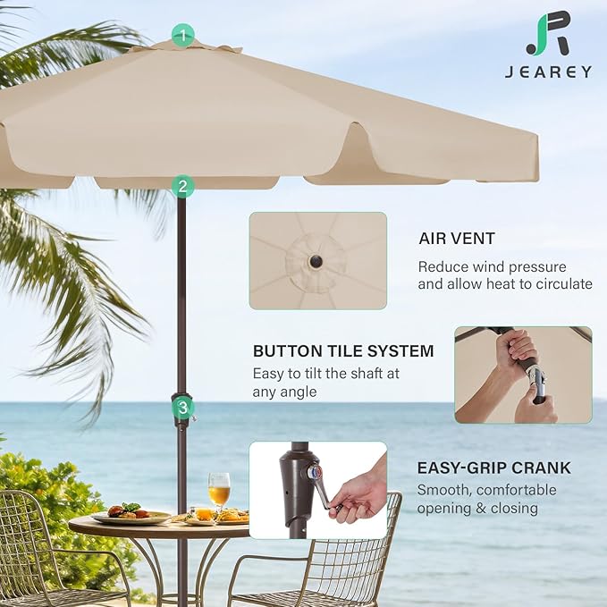 JEAREY 9 FT Patio Umbrella Outdoor, Table Umbrellas Market Umbrella w/Push Button Tilt/Crank, 8 Sturdy Ribs(Beige)