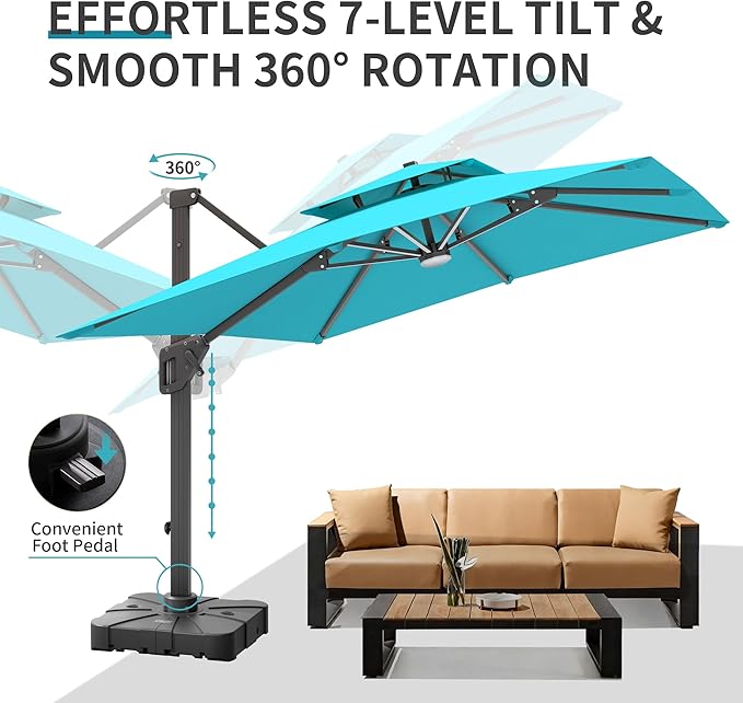 10 X 13 FT Cantilever Patio Umbrella with Base Included & Led Lights Outdoor Rectangle Offset Large Double Top Heavy Duty Umbrellas 360°Rotation for Pool Deck Backyard, Turquoise Green