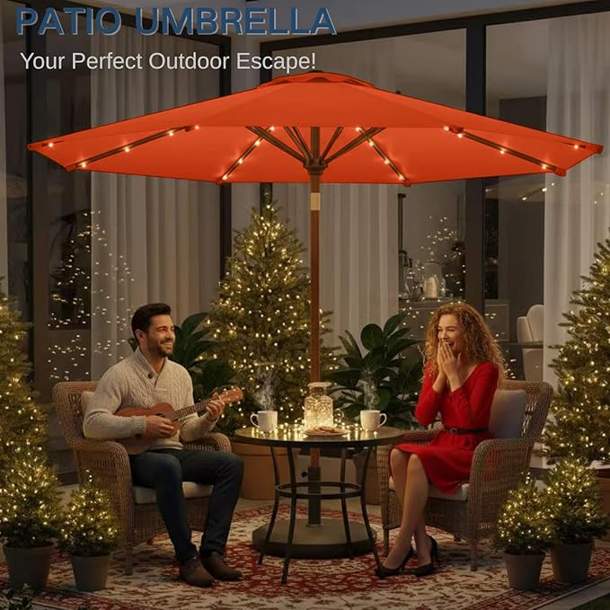 9' Solar LED Patio Umbrella with Tilt & Crank|8 Sturdy Ribs,UV Protection,Outdoor Market Table Umbrella for Deck,Lawn,Pool,Backyard(Orange)