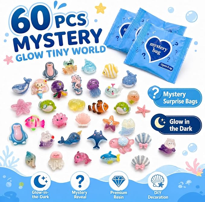 60 PCS Glow in the Dark Mini Resin Sea Animal Mystery Bags | Tiny Animal Figurines for Fairy Gardens, Classroom Prizes, Terrarium Decor, Party Favors, DIY Crafts