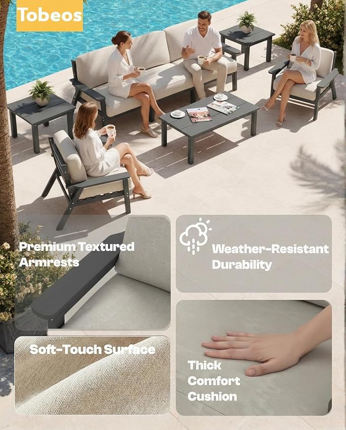 HDPE Patio Furniture Set 8 Seats, Outdoor Couch with Washable Thick Beige Cushions & Side Table, Outdoor Sectional Furniture for Backyard, Deck, Lawn, Porch (Gray Frame)
