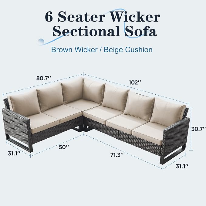 Belord Outdoor Sectional Sofa 6 Seater L Shaped Couch Wicker Patio Conversation Furniture Set Rattan Outdoor Furniture with Removable Washable Cushion, Brown/Beige