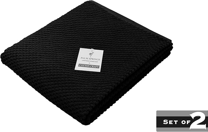 COTTON CRAFT Pool Lounge Chair Cover - 2 Pack Euro Spa Waffle Weave Chaise Lounge Cover - 100% Cotton Ringspun Terry Towel - Beach Chair Cover - Oversized 32 in W x 82 in Length x 7 in Pocket – Black