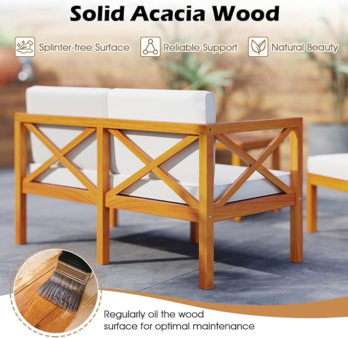 Tangkula 5 Pieces Acacia Wood Patio Chaise Lounge Chair Set with Ottomans and Cushions, Outdoor Patio Chairs Set with 2-Tier Coffee Table, Outdoor Conversation Set for Garden, Backyard and Poolside