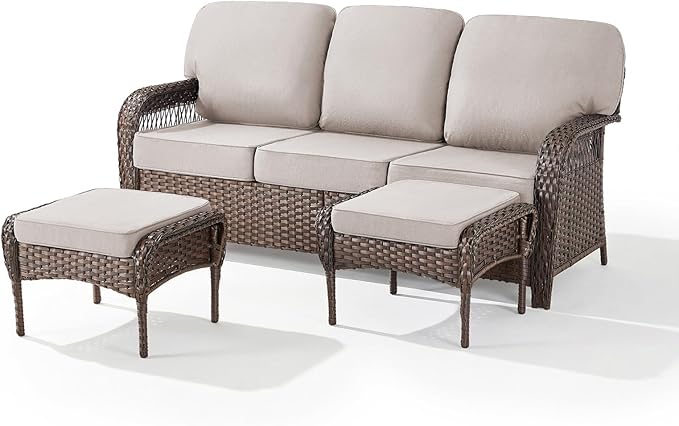 Belord Luxury Outdoor High Back Couch with Ottoman, All-Weather Wicker 3-Seater Sofa, 3 Piece Patio Conversation Furniture Set,Beige