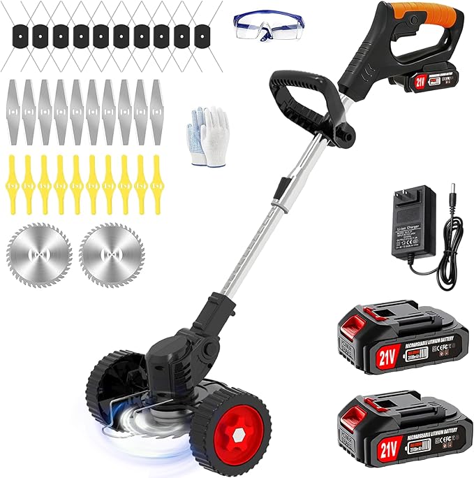 Cordless Electric Weed Wacker, 3-in-1 No String Electric Eater Battery Powered Grass Trimmer Lawn Edger Brush Cutter, Lightweight Portable Weed Trimmer with 4 Blades & Wheels for Yard Lawn Garden